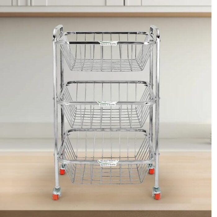 Narmada Industries SS Kitchen Utility Trolley - Stainless Steel, 3-Tier Rolling Cart with Wheels for Kitchen Storage & Organization