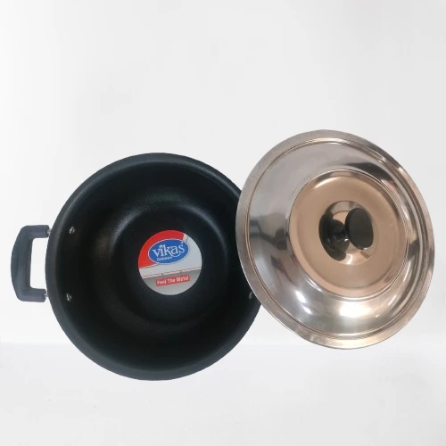 Narmada Industries Vikas Nonstick Kadhai with SS Lid - 24cm Nonstick Cooking Pot, Induction & Gas Compatible, Dishwasher Safe for Everyday Cooking