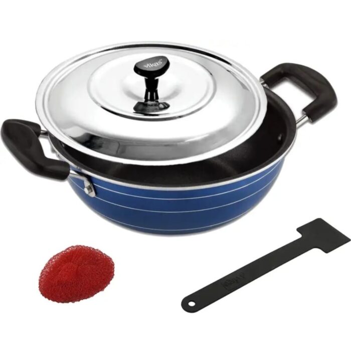 Narmada Industries Vikas Nonstick Kadai With SS Lid - 240mm, 3mm Thickness  3 layer Metal PFOA Free (Blue) for Everyday Use