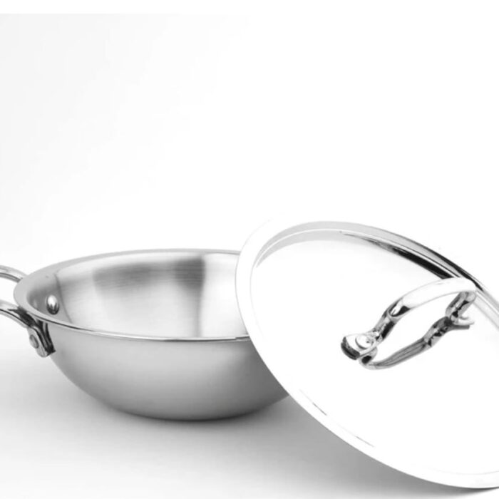 Narmada Industries SS Triply Deep Kadhai With Lid, Stainless Steel, Induction & Gas Compatible, Versatile Cooking Pan for Indian Dishes (24cm)