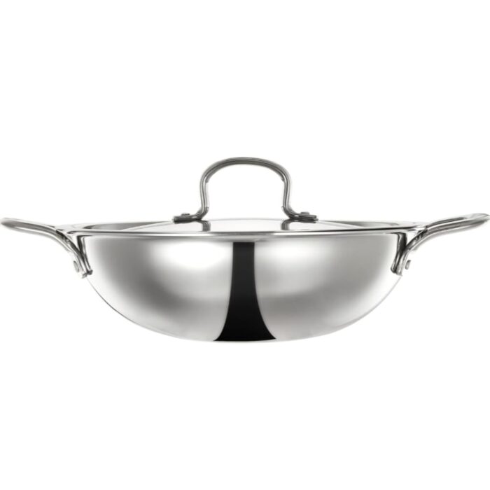 Narmada Industries SS Triply Kadhai Deep With SS Lid Cooking Vessel, 24cm Stainless Steel, Induction Compatible for Indian Cooking