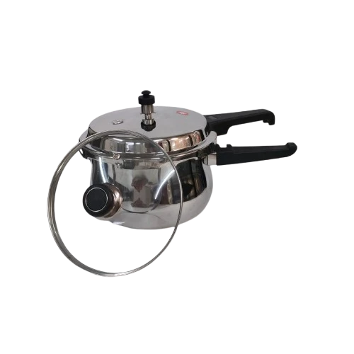 Narmada Industries SS Heavy-Duty Pressure Cooker, 5.5 L Stainless Steel, With Glass Lid, Induction Compatible, with Safety Valve for Home Kitchen