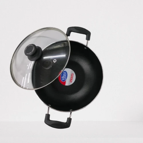 Narmada Industries Vikas Nonstick Kadhai with Glass Lid, 280mm, 3mm Thick, Induction & Gas Compatible, for Everyday Cooking