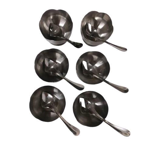 Narmada Industries SS Stylish Ice Cream Serving Cup, Stainless Steel, Set of 6 Bowl With Spoon, for Dessert & Parties
