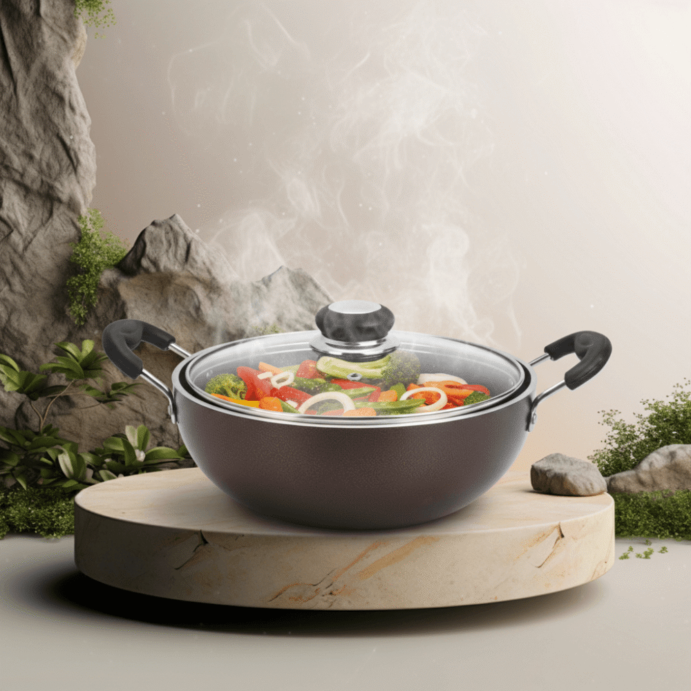 Narmada Industries Heavy-Duty Nonstick Deep Kadhai with Induction Base, 3-Layer Coating, Large Size for Everyday Cooking - Image 2